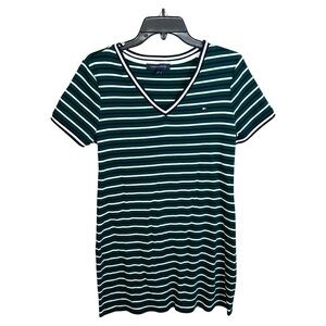 Tommy Hilfiger Dress Women Size L Green Blue White Stripes Short Sleeve